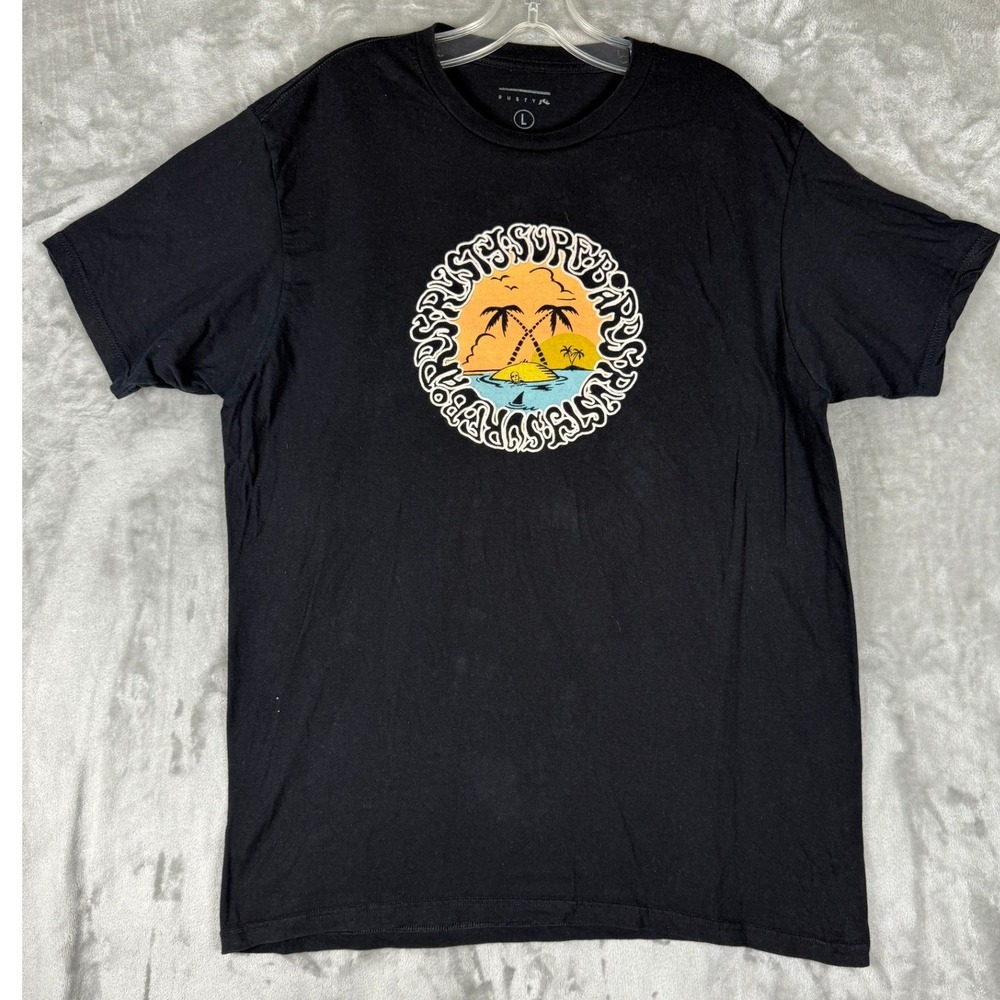 Vintage Mens Graphic T Shirt Black Palm Tree Sunset Island Shark Skull‎ L